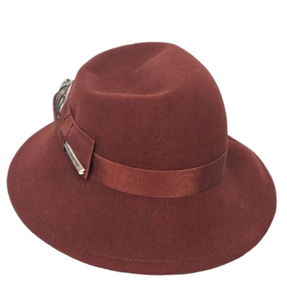Chelton Cloche Hat Adult Medium Red Burgundy Feather Detail Vintage Flapper - Picture 7 of 12